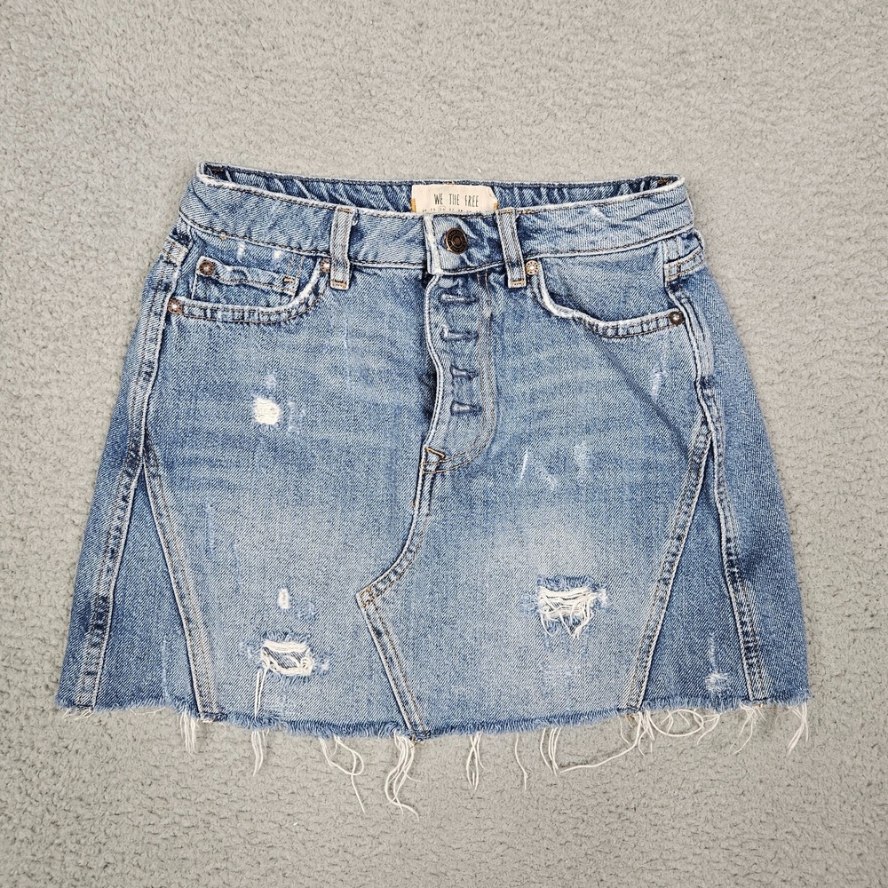 We The Free Women's Distressed Mini Blue Button fly Skirt Size 26